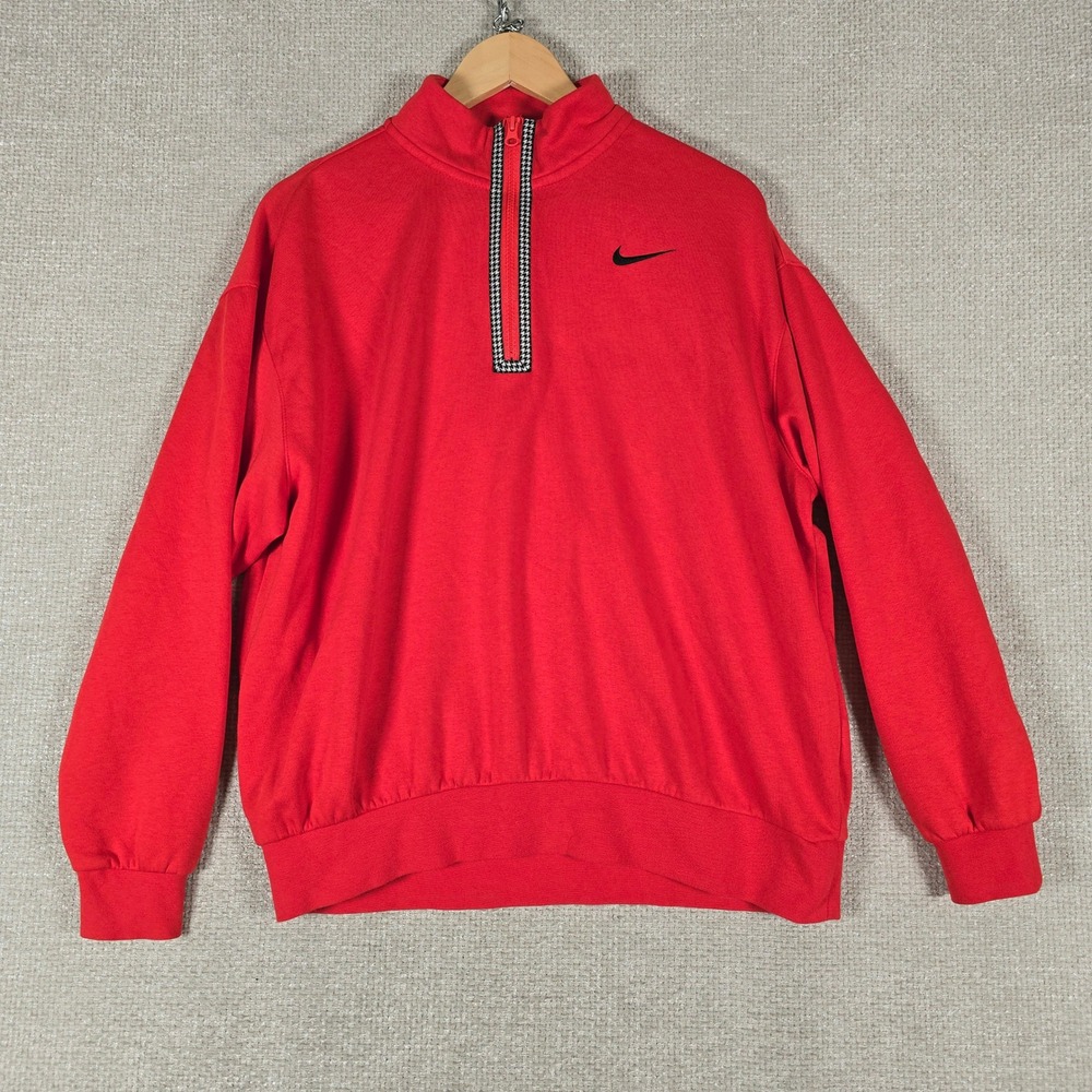 Nike Houndstooth Big Swoosh 1/4 Zip Red Sweatshirt DD5031-673 Womens Small Loose